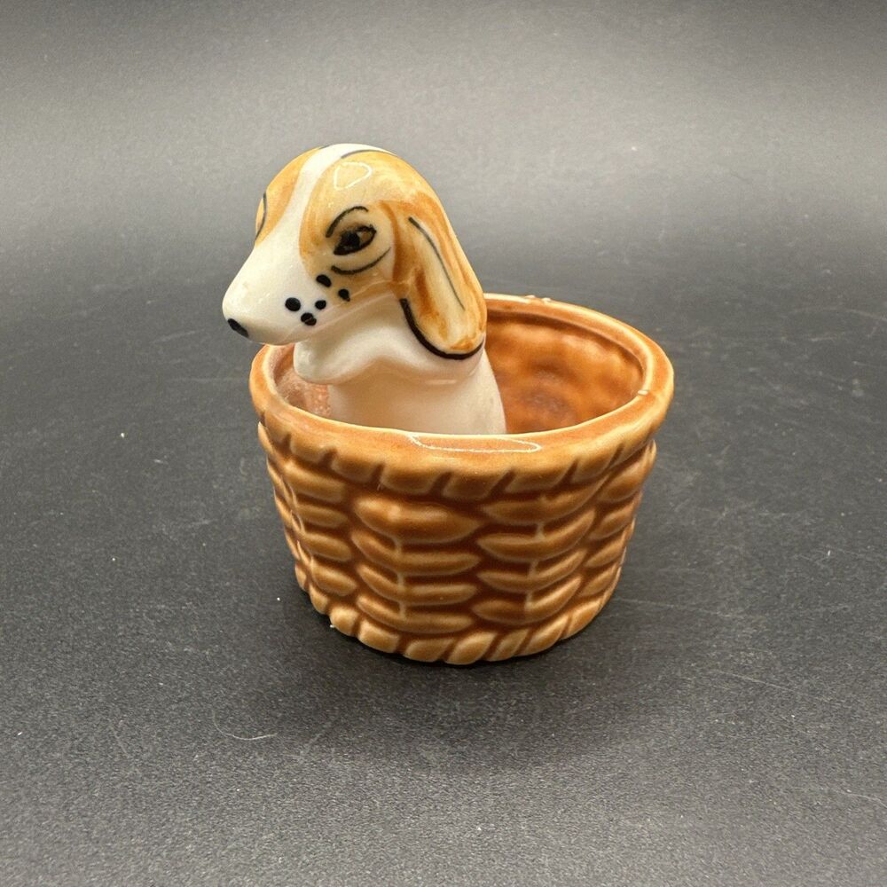 Vintage Porcelain Beagle in Basket Figurine Miniature Puppy Dog Basset Hound